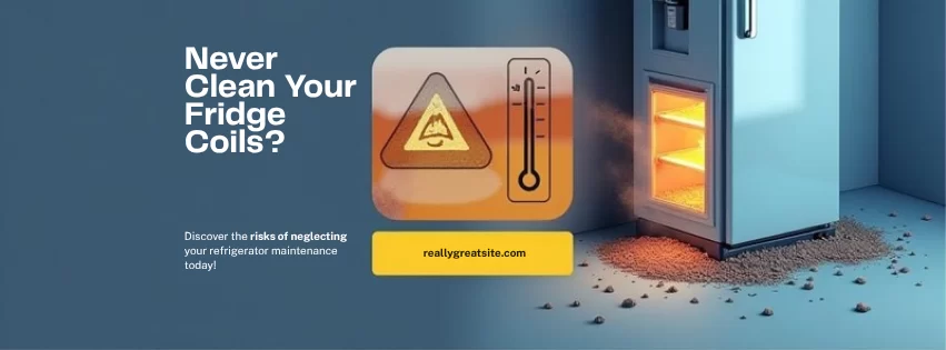 Refrigerator with dusty condenser coils and warning symbol