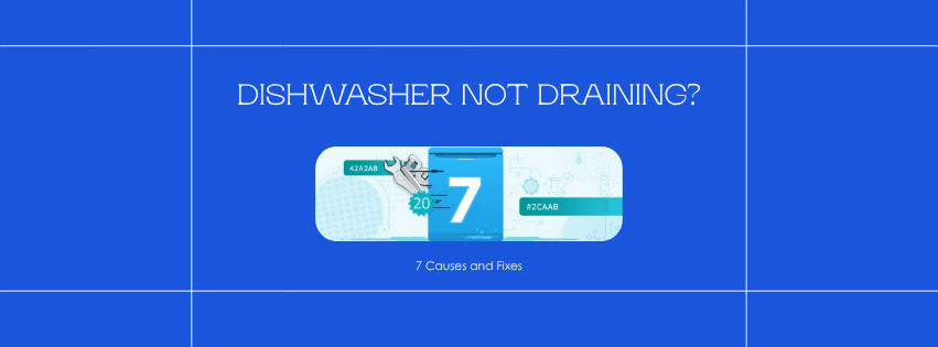Illustrated dishwasher with water pooling and wrench tool icon
