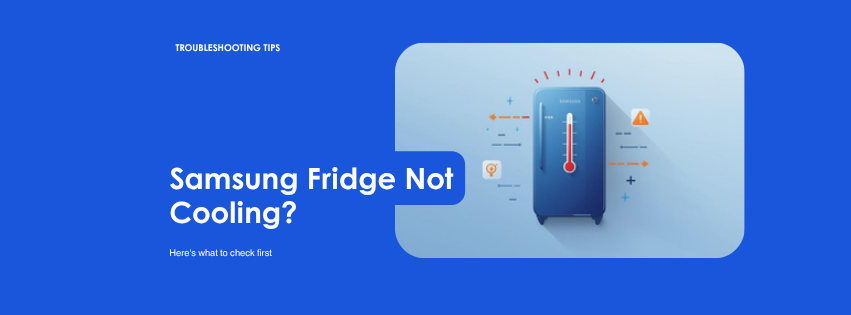 Illustrated Samsung refrigerator with warm temperature warning and troubleshooting checklist