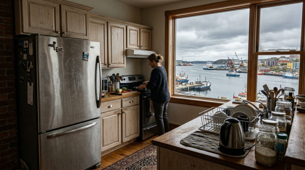 Stainless steel refrigerator in a Halifax peninsula kitchen with the Atlantic harbour visible through the window
