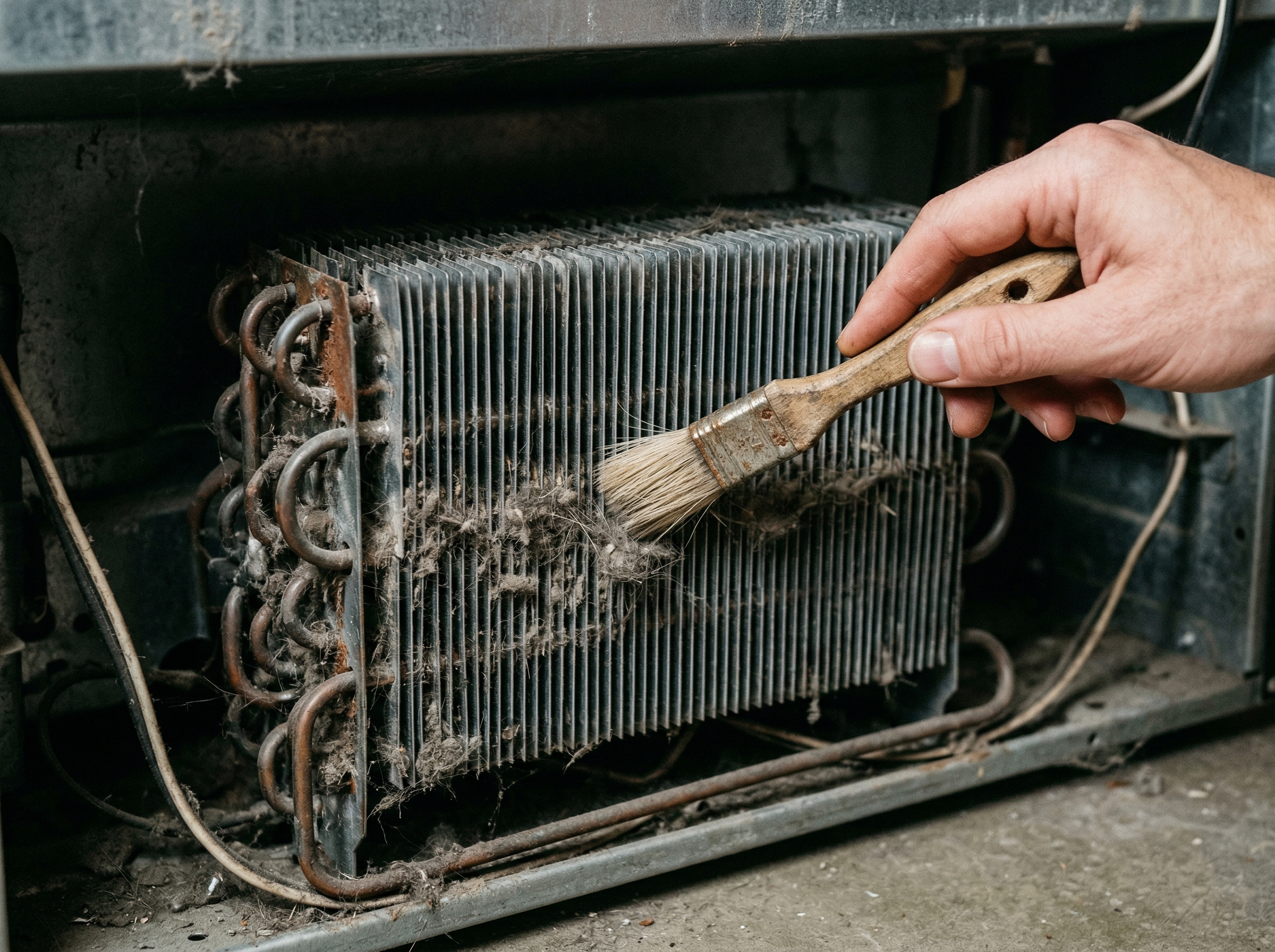 Refrigerator condenser coil with dust and salt grit between the fins being cleaned with a soft brush