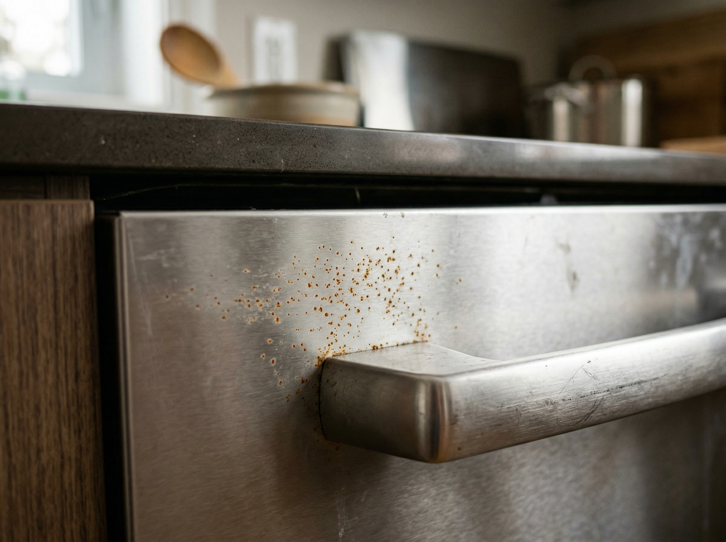 Pinpoint rust freckles forming on a stainless steel dishwasher panel from Halifax salt air exposure