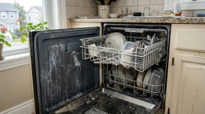 Open dishwasher in a Halifax kitchen showing white calcium scale film on the inside of the door