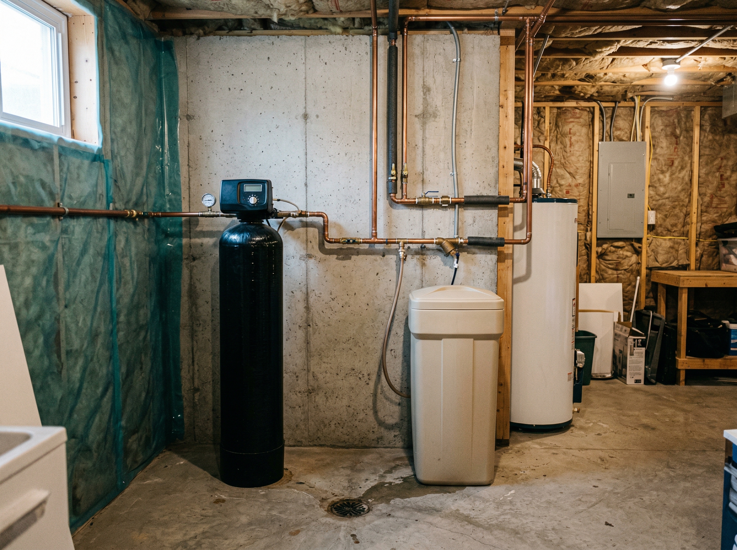 Whole house water softener and brine tank installed in a Hammonds Plains basement utility room