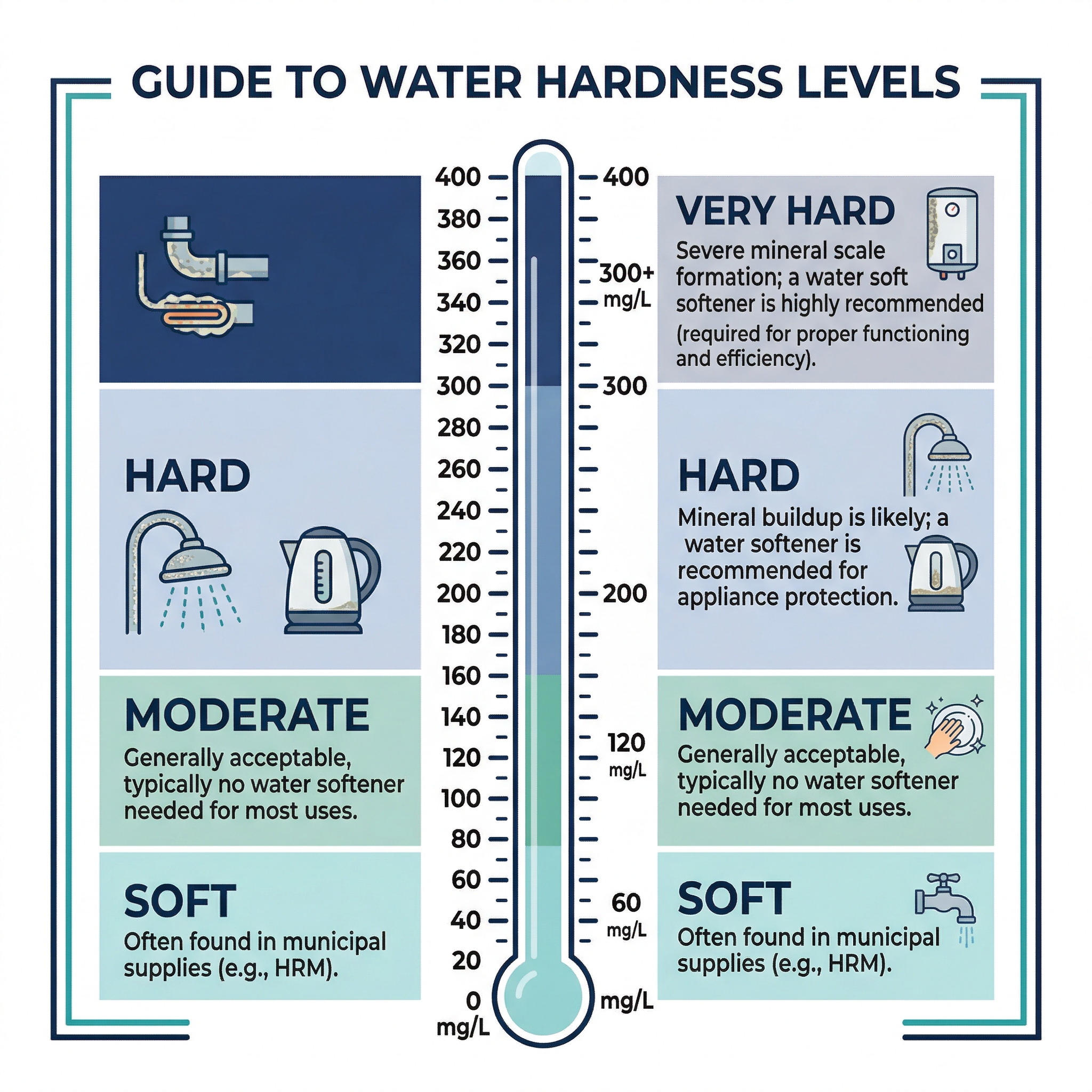 Infographic showing water hardness scale and softener recommendations for Halifax homes
