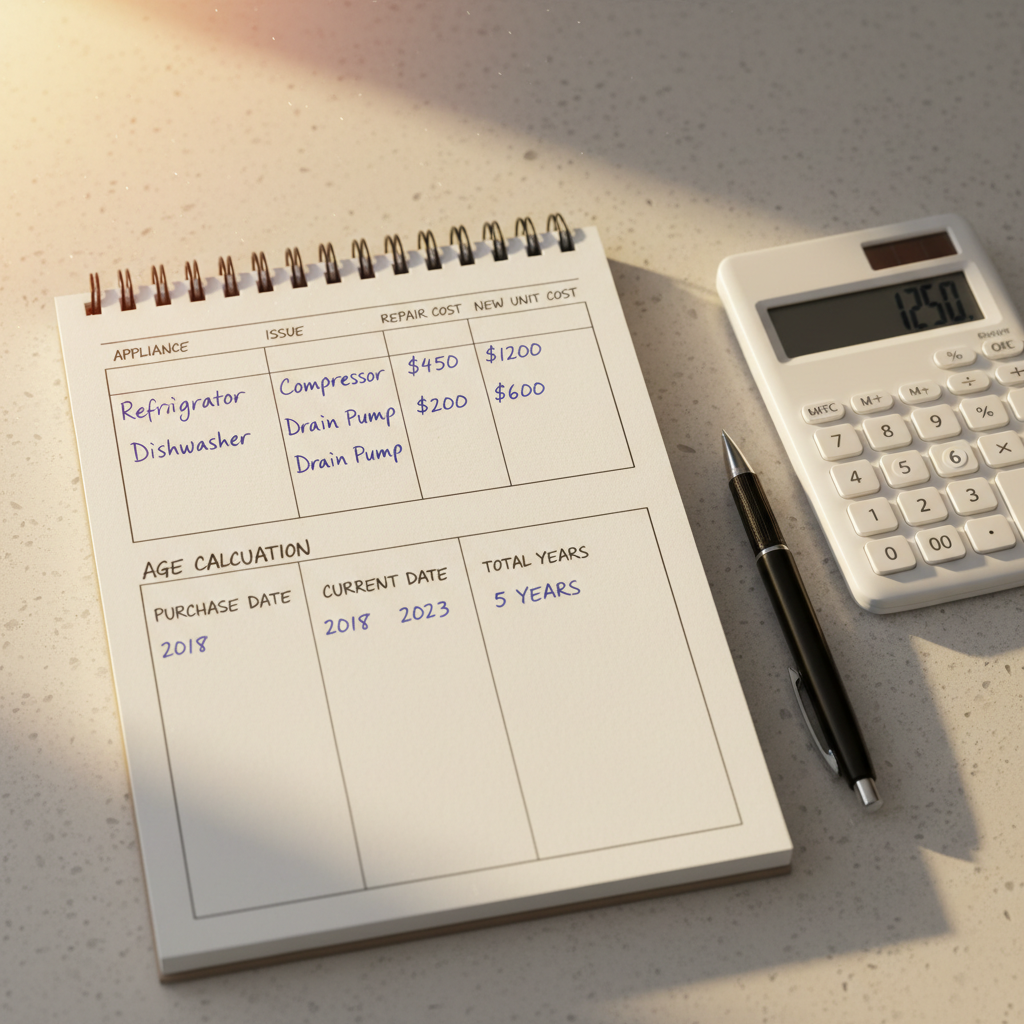 Notepad with appliance repair cost estimates and age calculations for Halifax homeowner