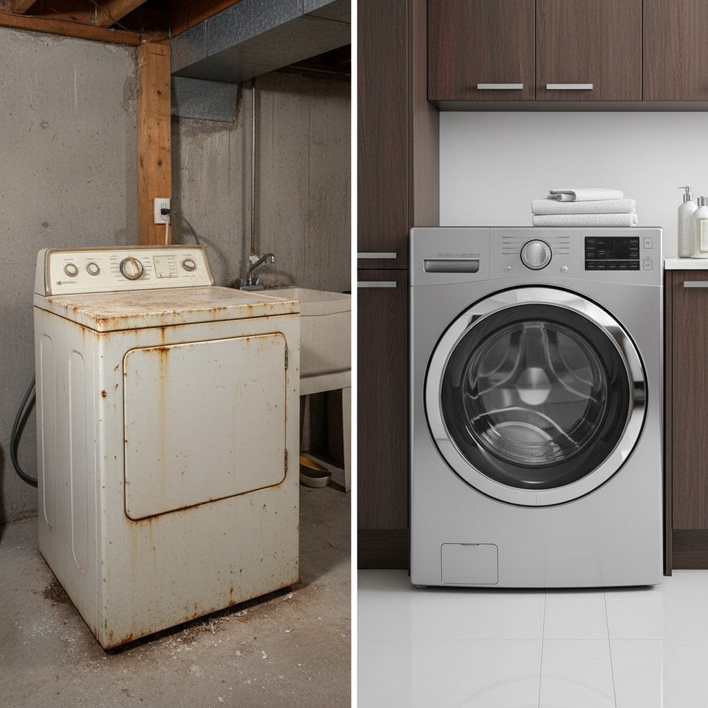 Old worn washing machine compared to new replacement unit