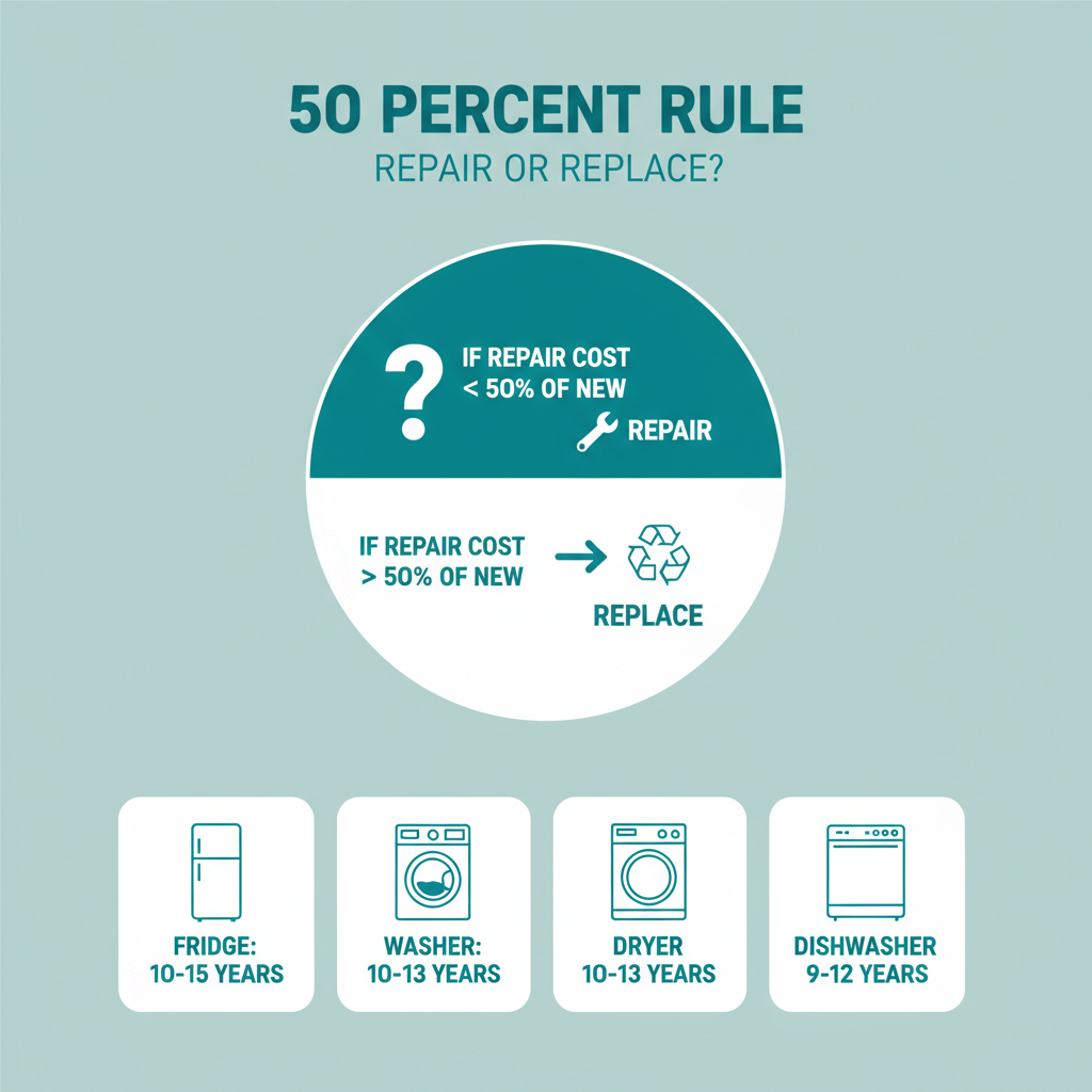 Infographic showing average appliance lifespans and the 50 percent repair vs replace rule