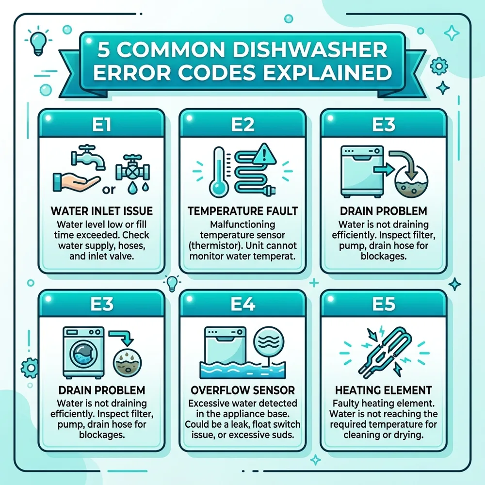 Common dishwasher error codes by brand Samsung LG Whirlpool Bosch quick reference