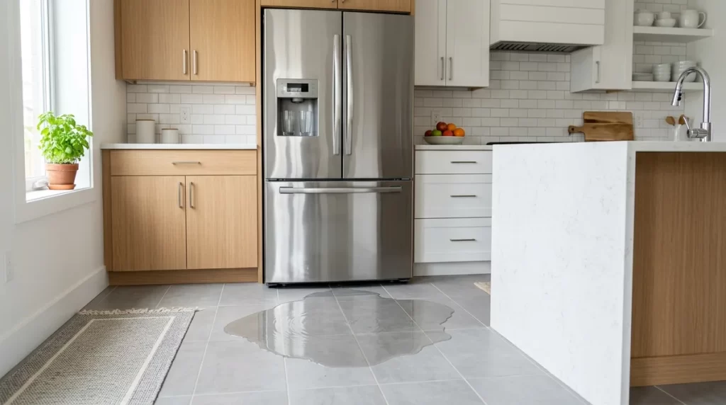 Water pooling on kitchen floor in front of refrigerator in Halifax home