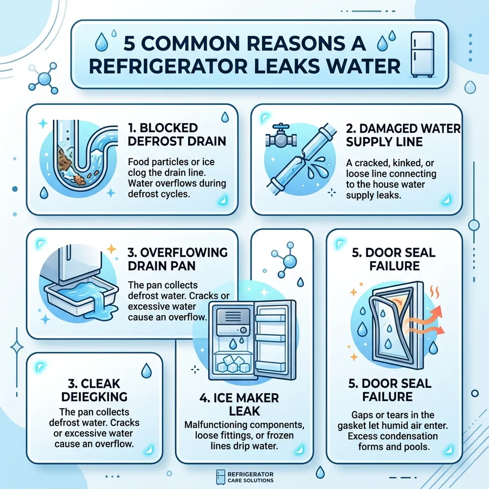 5 common causes of fridge leaking water - where water appears and what it means