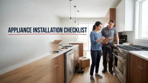 Appliance installation checklist, a new stainless range and dishwasher being installed in a Halifax kitchen