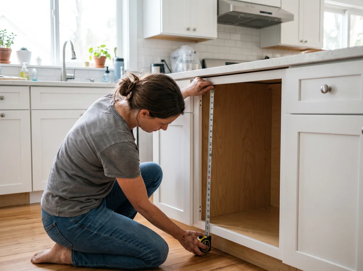 Homeowner measuring a kitchen cabinet opening before a new appliance installation in Halifax