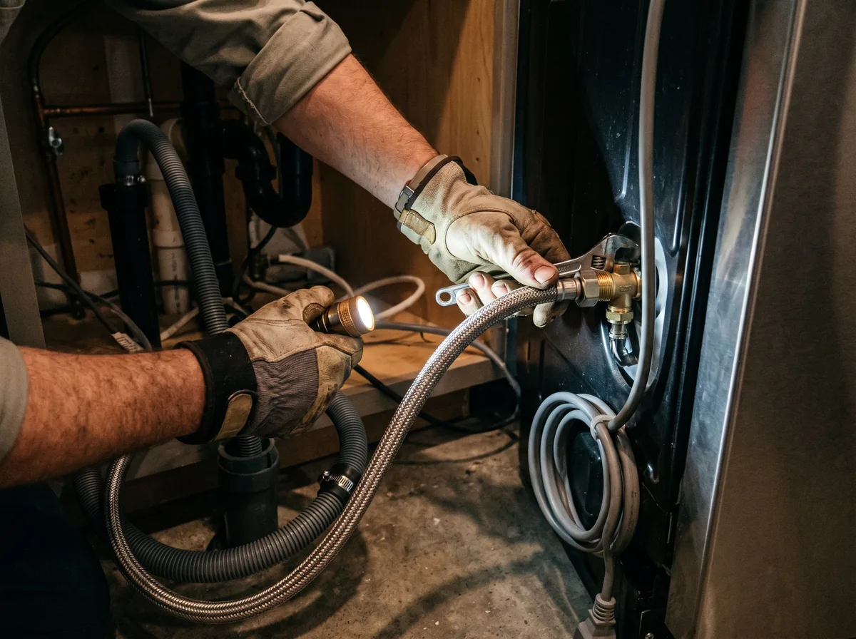 Hands connecting a braided water supply hose and checking the drain behind a new dishwasher