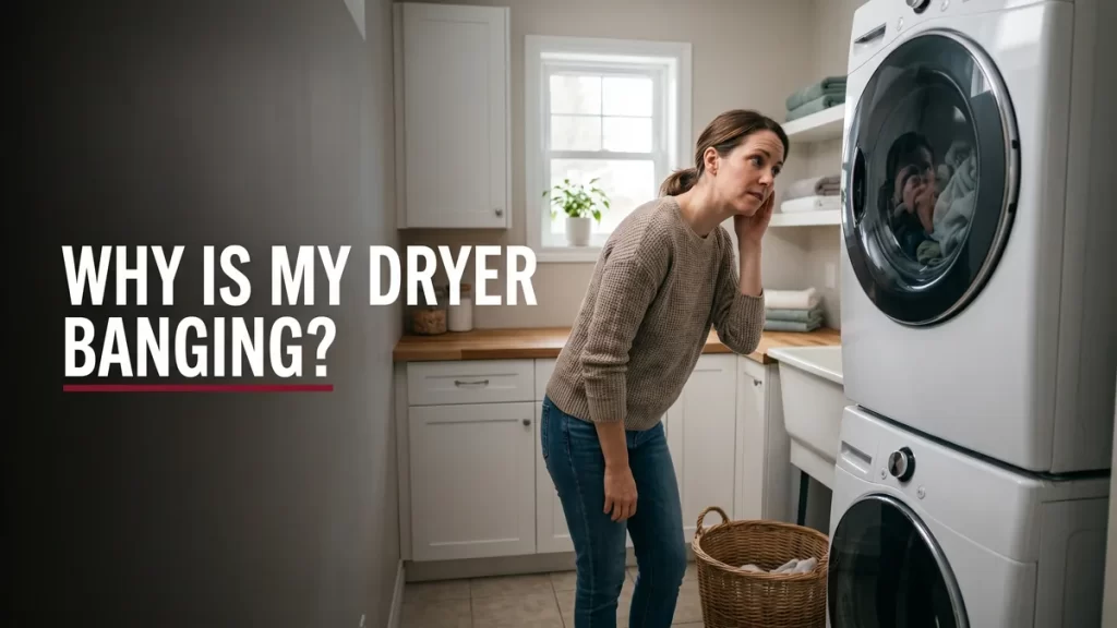 Dryer making a loud banging noise, a homeowner listening to a noisy clothes dryer in a Halifax laundry room