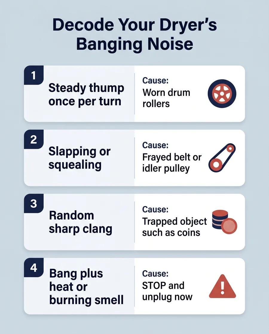 Infographic decoding dryer banging noises by sound pattern and likely cause