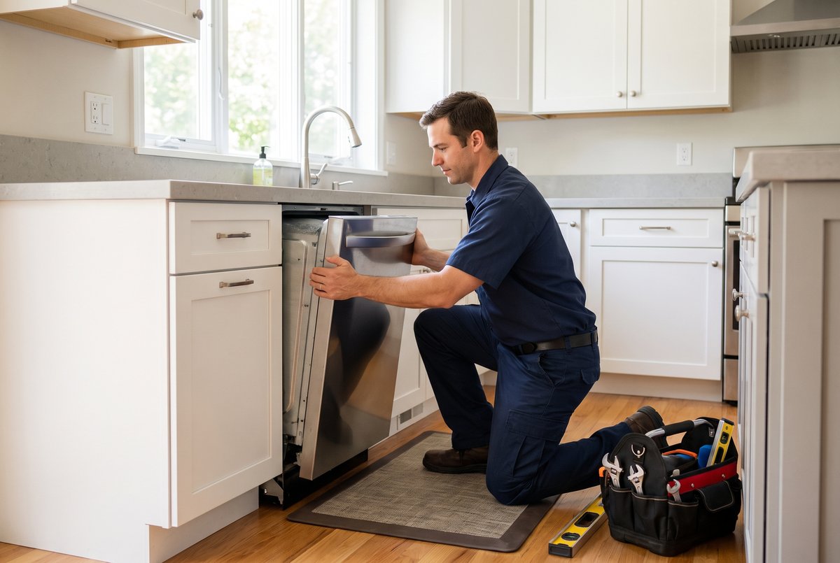 Max Appliance Repair technician installing a stainless steel dishwasher in a Halifax kitchen