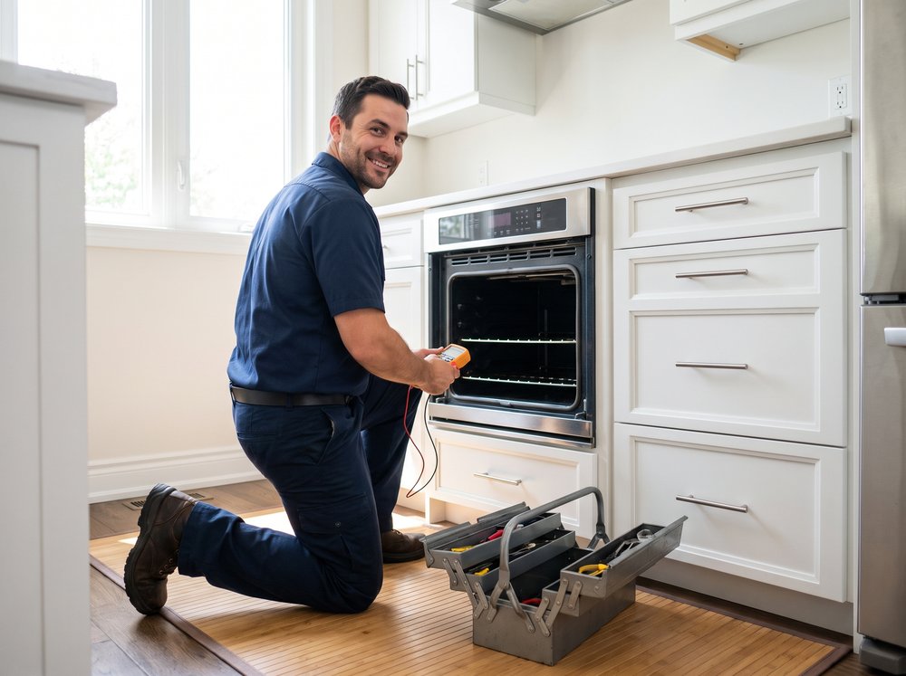 Max Appliance Repair technician testing a newly installed wall oven in a Halifax kitchen