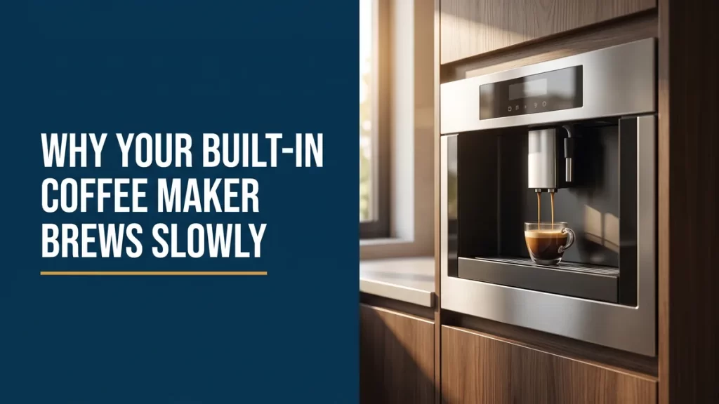 Built-in coffee machine dribbling a thin weak stream into a cup, showing a coffee maker brewing slowly
