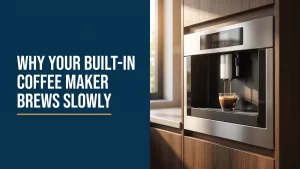 Built-in coffee machine dribbling a thin weak stream into a cup, showing a coffee maker brewing slowly