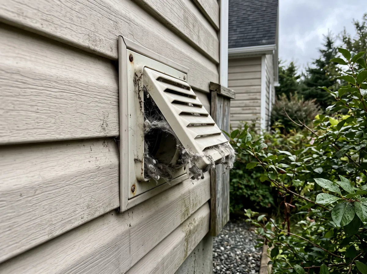 A lint-packed exterior vent traps the hot air a dryer needs to expel.