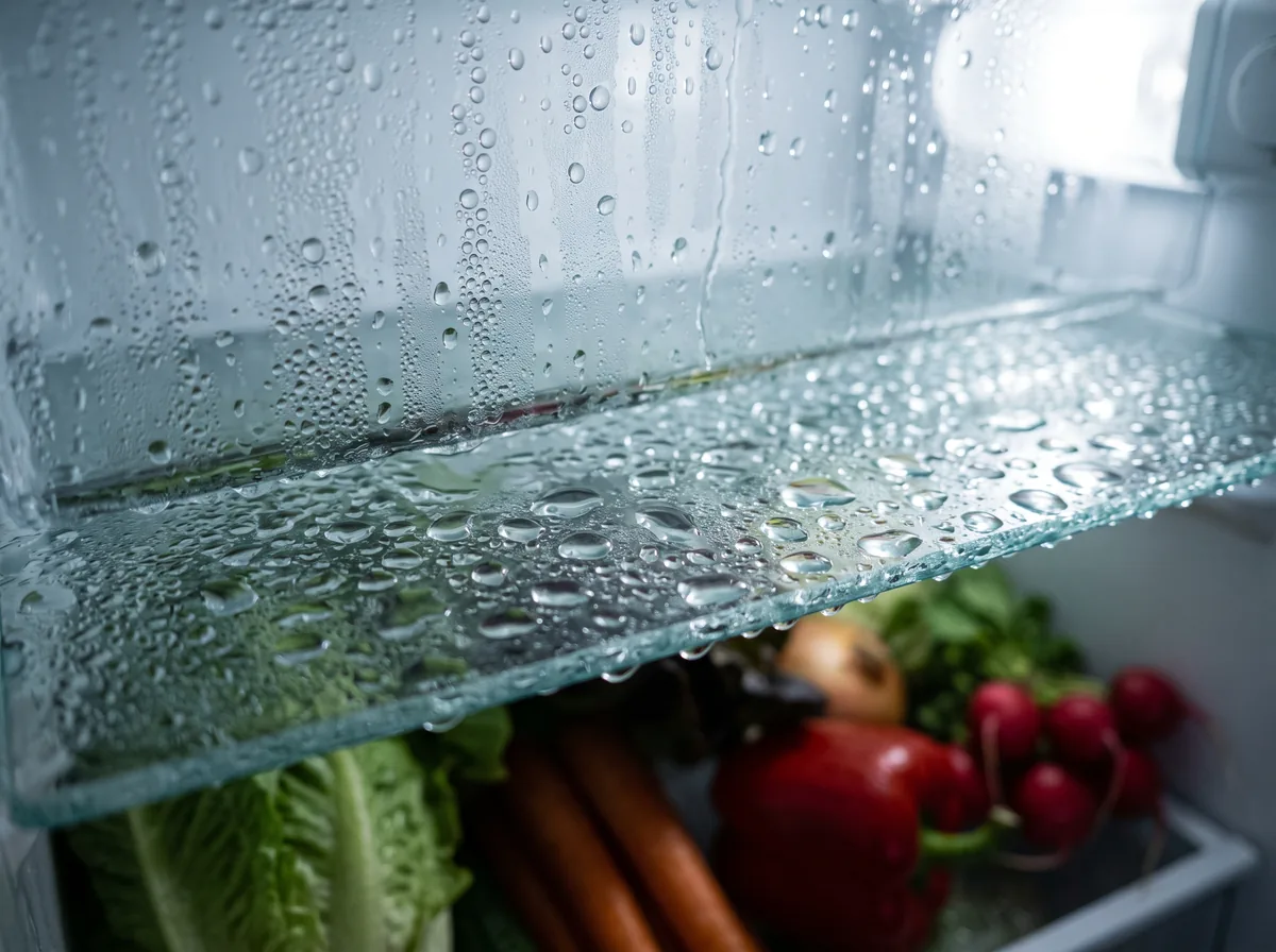 Halifax kitchen refrigerator showing condensation on shelves due to summer humidity