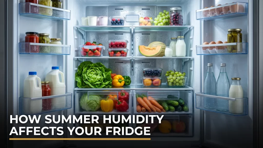 Condensation inside a home refrigerator, showing how humidity affects refrigerators in summer