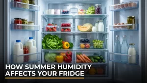 Condensation inside a home refrigerator, showing how humidity affects refrigerators in summer