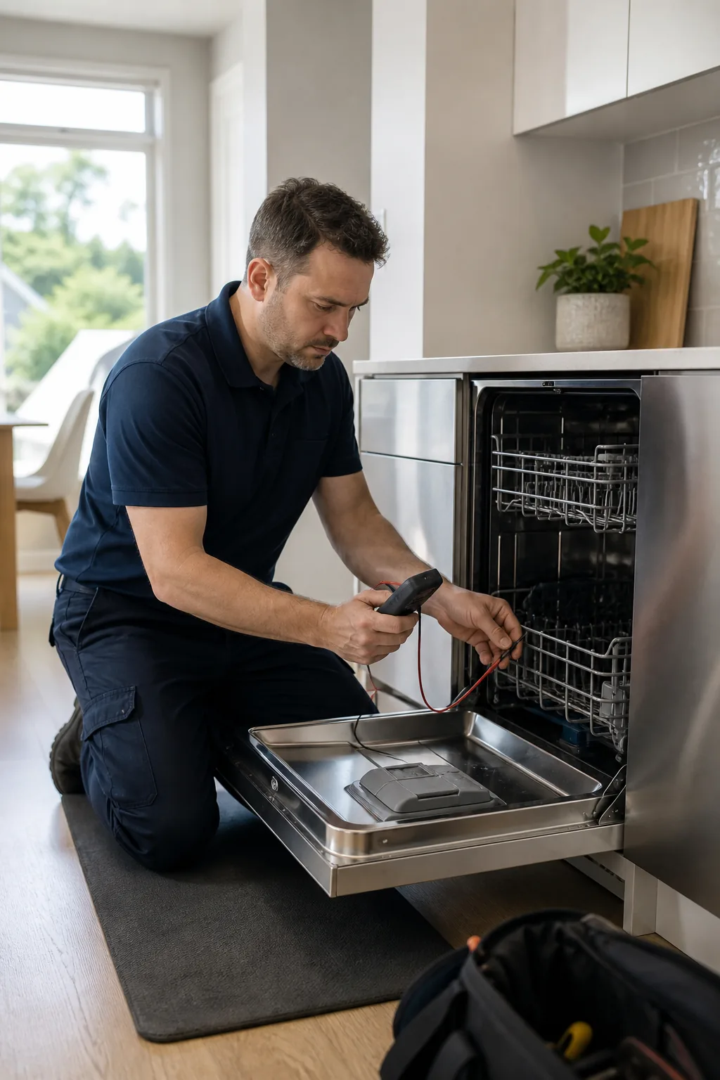 Technician diagnosing a dishwasher in a Halifax kitchen