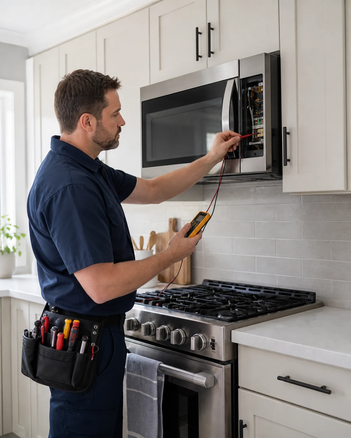 Technician servicing an over-the-range microwave in a Halifax kitchen