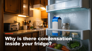 Water droplets collecting on a kitchen fridge shelf in Halifax