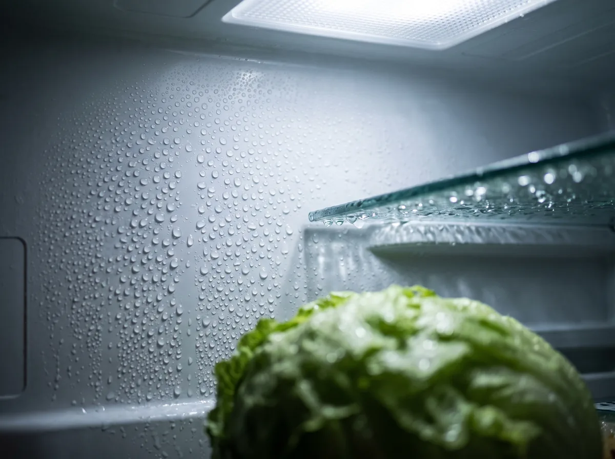 Condensation forming inside a refrigerator on the back wall